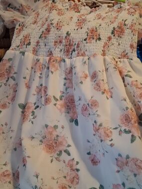 SHEIN White Midi Dress with Pink Rose Floral Print. Could Fit 2x.